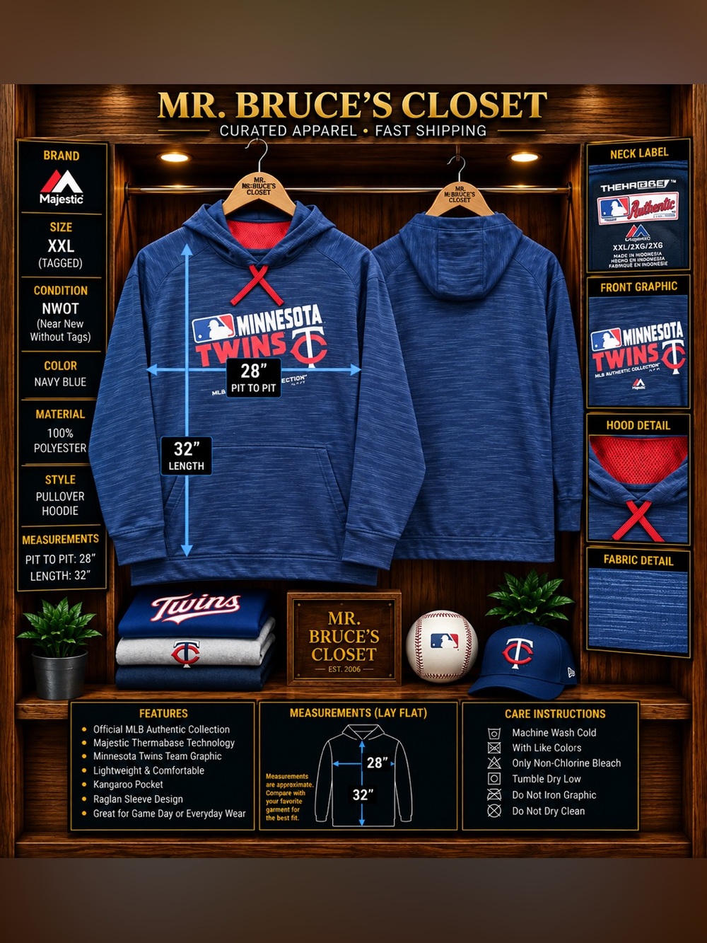 Majestic Minnesota Twins Navy Blue Pullover Crewneck Hoodie